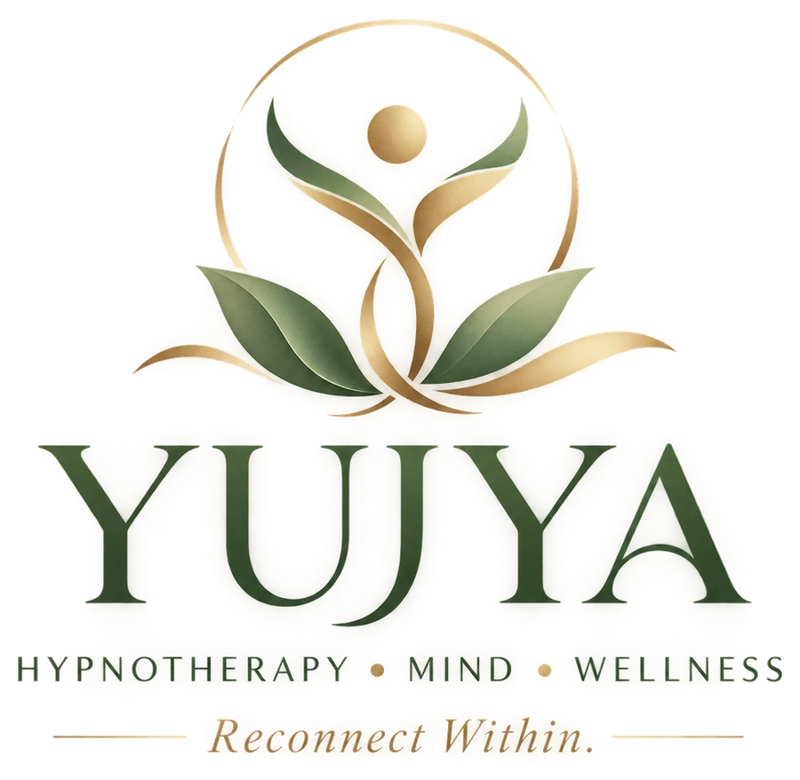 YUJYA logo: a golden figure with open arms rising from green leaves inside a circle, with the words Hypnotherapy, Mind, Wellness and the tagline Reconnect Within.